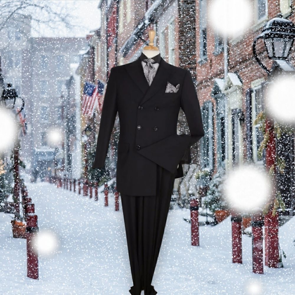 MEN'S APOLLO KING 2 PC DOUBLE BREASTED BLACK WIDE PEAK LAPEL SUIT. DM-33